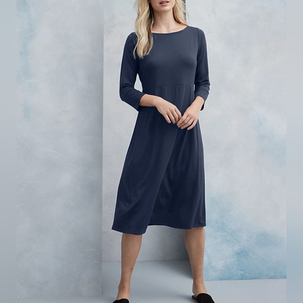 Eileen Fisher Ocean Blue Stretch-Jersey 3/4 Sleeve Bateau-Neck Midi Dress